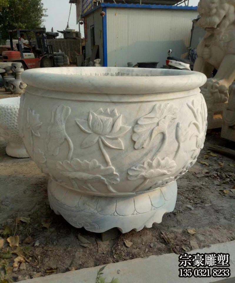 漢白玉石雕水缸雕塑擺件 漢白玉石雕水缸雕塑擺件