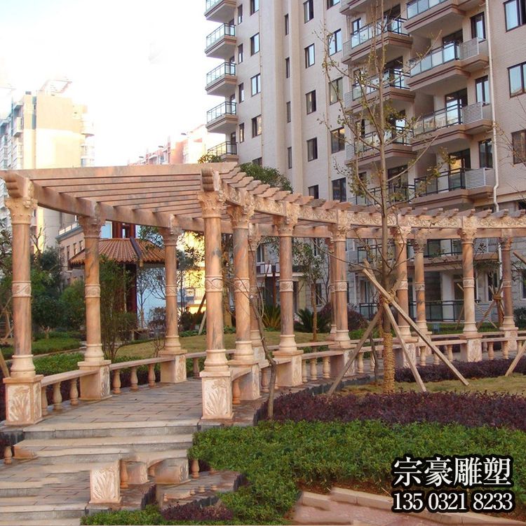 晚霞紅大理石石雕長廊花架 晚霞紅大理石石雕長廊花架